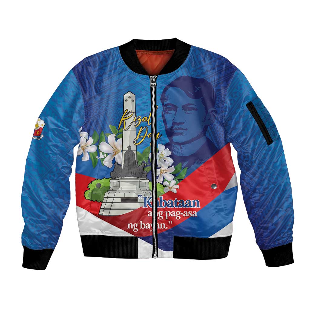 Philippines Rizal Day Sleeve Zip Bomber Jacket Filipino Motto Stella Polynesian Pattern - Wonder Print Shop