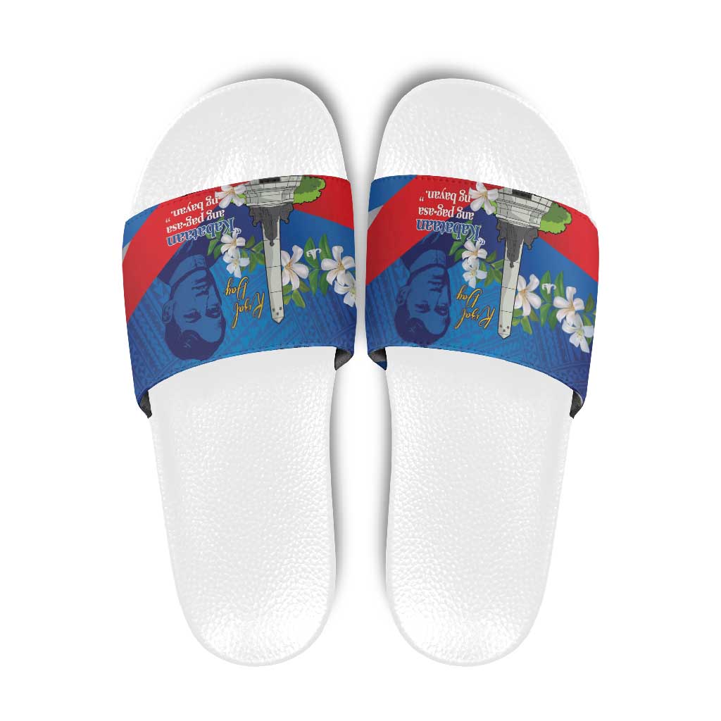 Philippines Rizal Day Slide Sandals Filipino Motto Stella Polynesian Pattern - Wonder Print Shop