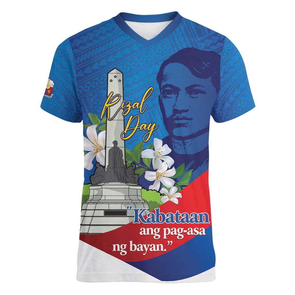 Philippines Rizal Day Women V-Neck T-Shirt Filipino Motto Stella Polynesian Pattern - Wonder Print Shop