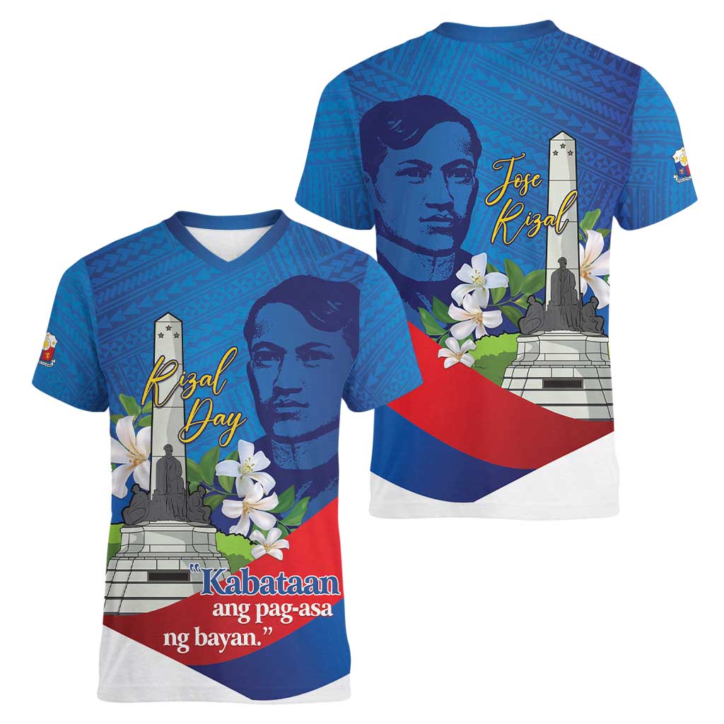 Philippines Rizal Day Women V-Neck T-Shirt Filipino Motto Stella Polynesian Pattern - Wonder Print Shop