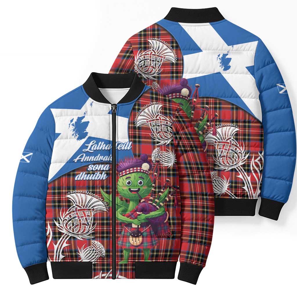 Saint Andrews Day Scotland Bomber Puffer Jacket Thistle Traditional Bagpipe Tartan Pattern - Wonder Print Shop