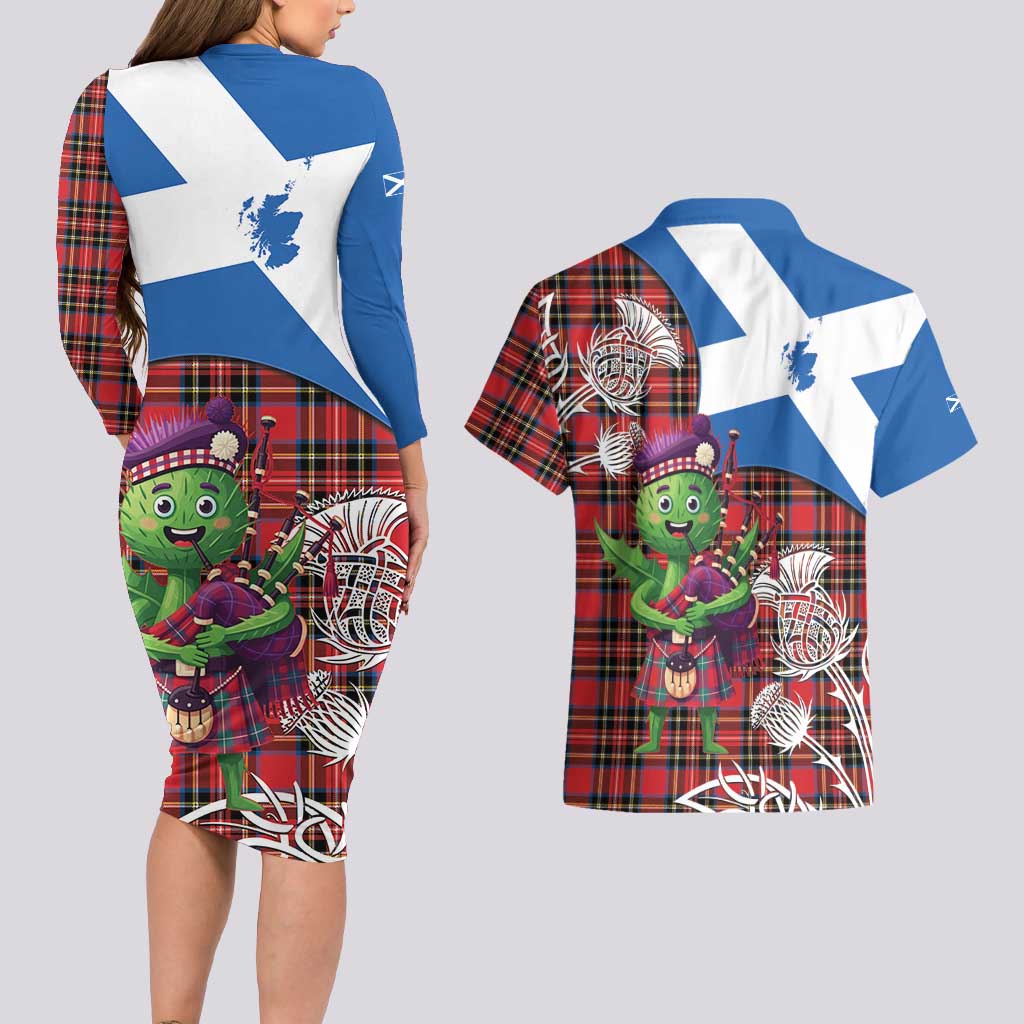 Saint Andrews Day Scotland Couples Matching Long Sleeve Bodycon Dress and Hawaiian Shirt Thistle Traditional Bagpipe Tartan Pattern - Wonder Print Shop