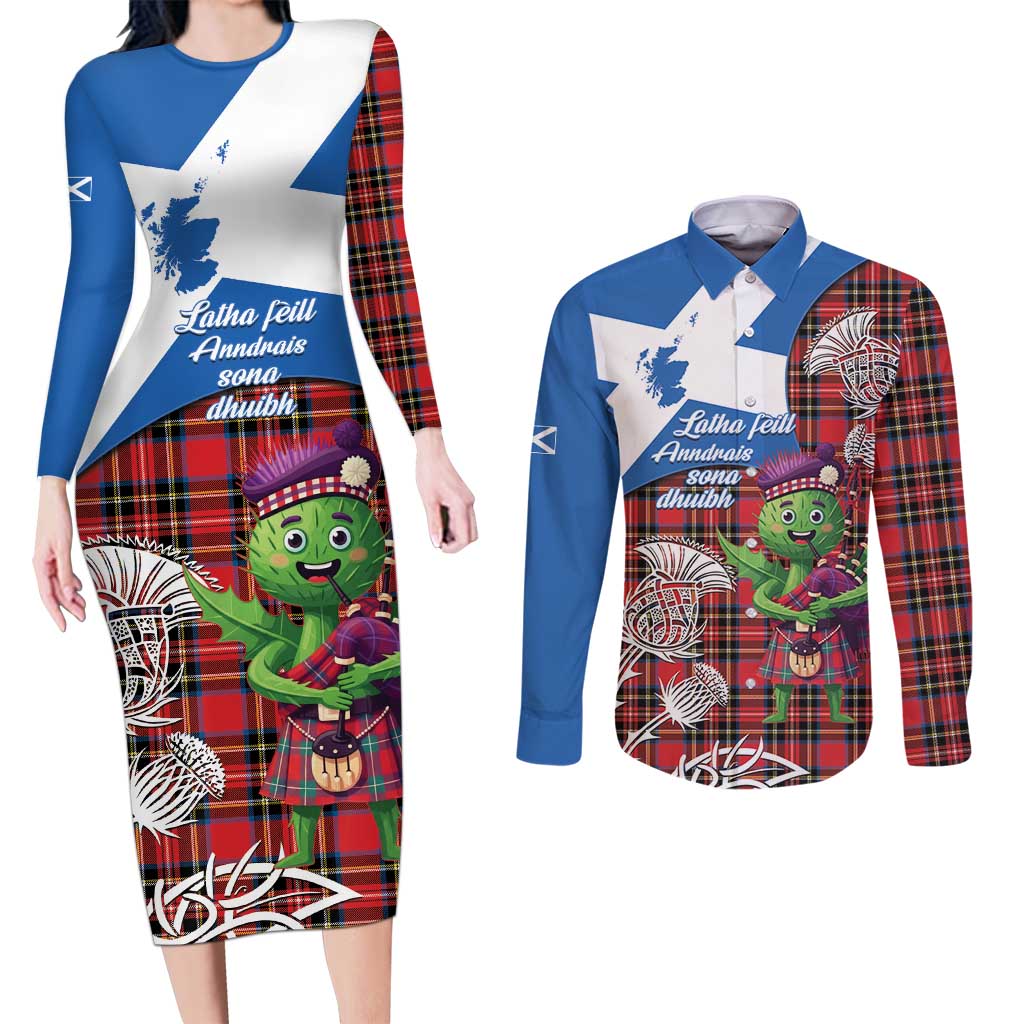 Saint Andrews Day Scotland Couples Matching Long Sleeve Bodycon Dress and Long Sleeve Button Shirt Thistle Traditional Bagpipe Tartan Pattern - Wonder Print Shop