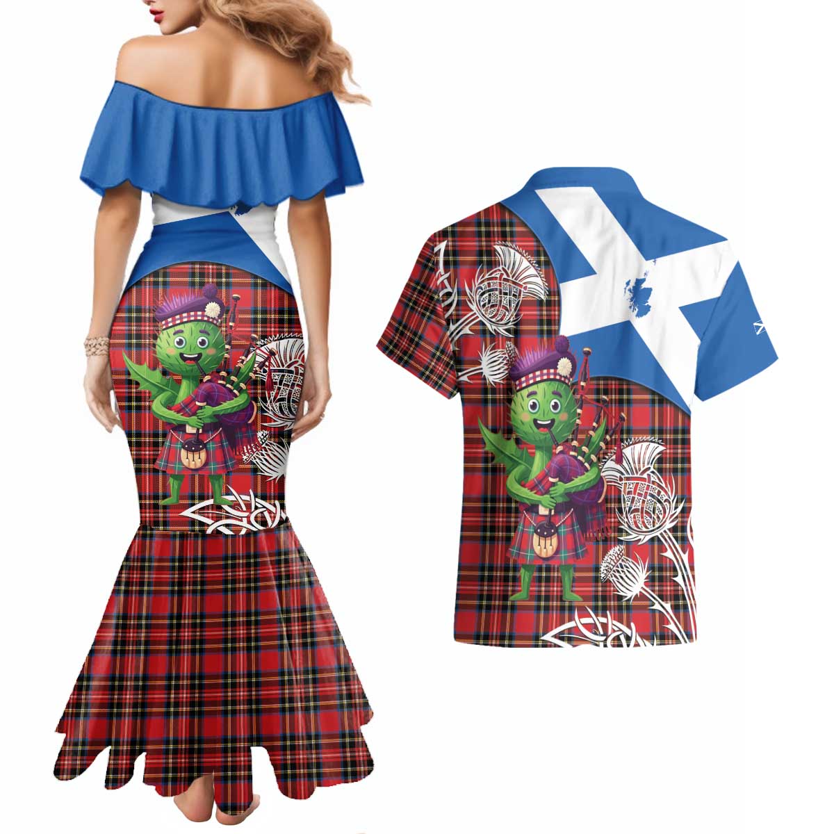 Saint Andrews Day Scotland Couples Matching Mermaid Dress and Hawaiian Shirt Thistle Traditional Bagpipe Tartan Pattern - Wonder Print Shop