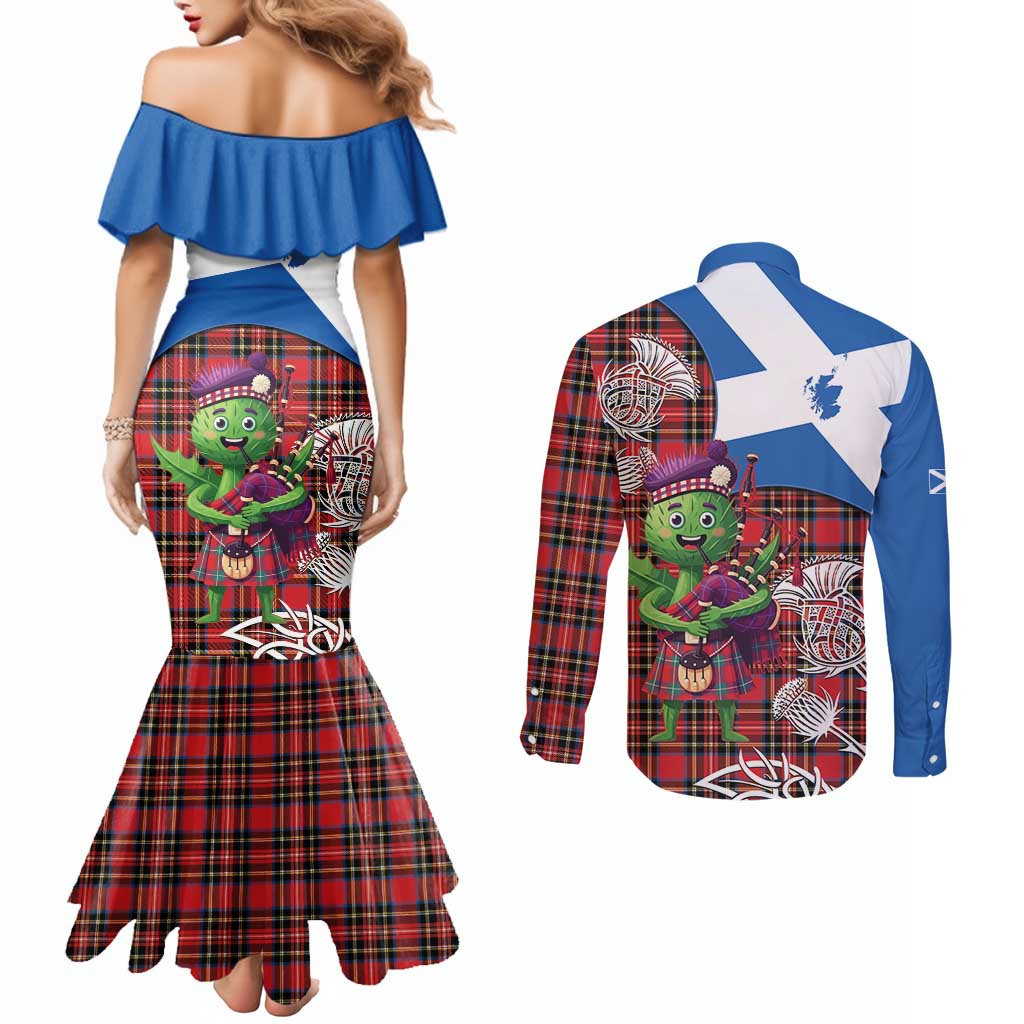 Saint Andrews Day Scotland Couples Matching Mermaid Dress and Long Sleeve Button Shirt Thistle Traditional Bagpipe Tartan Pattern - Wonder Print Shop