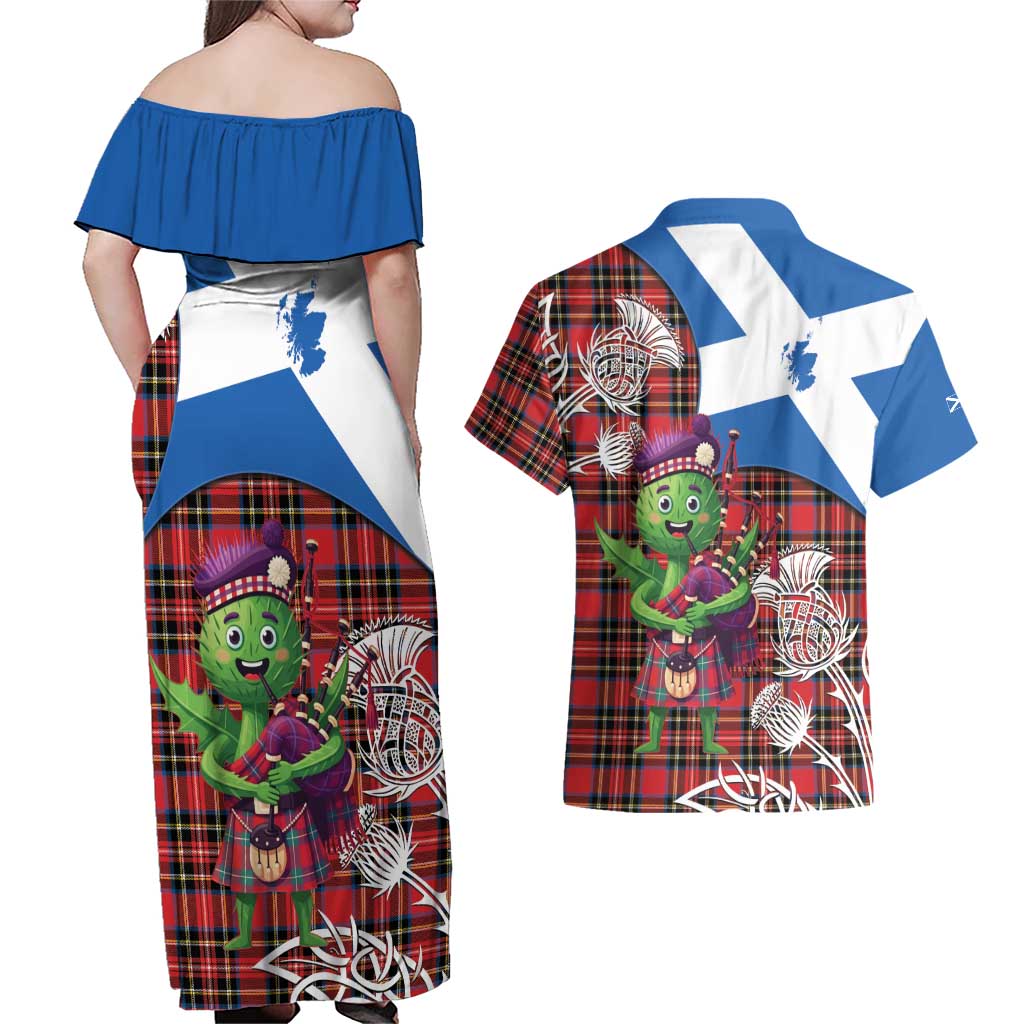Saint Andrews Day Scotland Couples Matching Off Shoulder Maxi Dress and Hawaiian Shirt Thistle Traditional Bagpipe Tartan Pattern - Wonder Print Shop