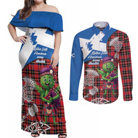 Saint Andrews Day Scotland Couples Matching Off Shoulder Maxi Dress and Long Sleeve Button Shirt Thistle Traditional Bagpipe Tartan Pattern - Wonder Print Shop
