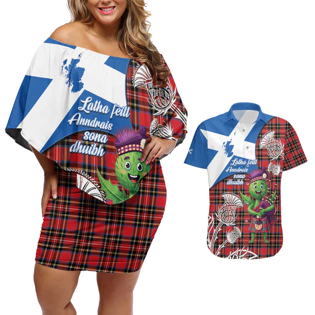 Saint Andrews Day Scotland Couples Matching Off Shoulder Short Dress and Hawaiian Shirt Thistle Traditional Bagpipe Tartan Pattern - Wonder Print Shop