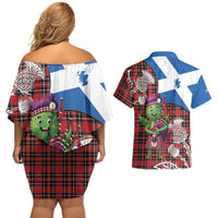 Saint Andrews Day Scotland Couples Matching Off Shoulder Short Dress and Hawaiian Shirt Thistle Traditional Bagpipe Tartan Pattern - Wonder Print Shop
