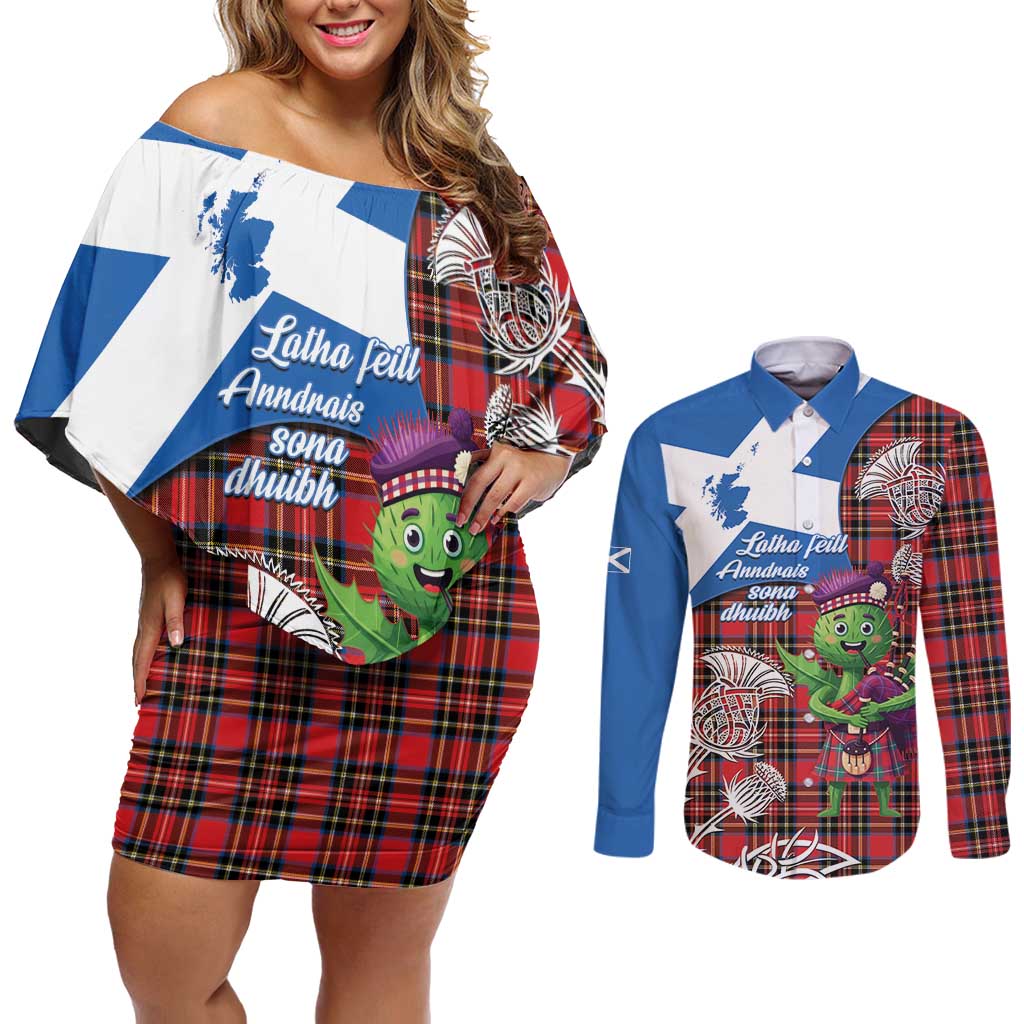 Saint Andrews Day Scotland Couples Matching Off Shoulder Short Dress and Long Sleeve Button Shirt Thistle Traditional Bagpipe Tartan Pattern - Wonder Print Shop