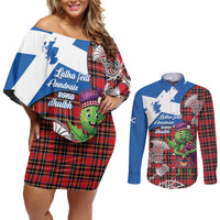 Saint Andrews Day Scotland Couples Matching Off Shoulder Short Dress and Long Sleeve Button Shirt Thistle Traditional Bagpipe Tartan Pattern - Wonder Print Shop