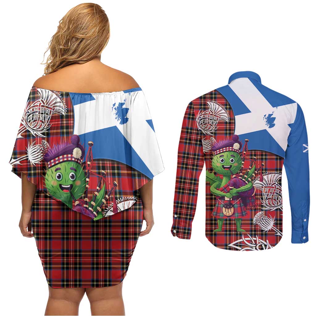 Saint Andrews Day Scotland Couples Matching Off Shoulder Short Dress and Long Sleeve Button Shirt Thistle Traditional Bagpipe Tartan Pattern - Wonder Print Shop