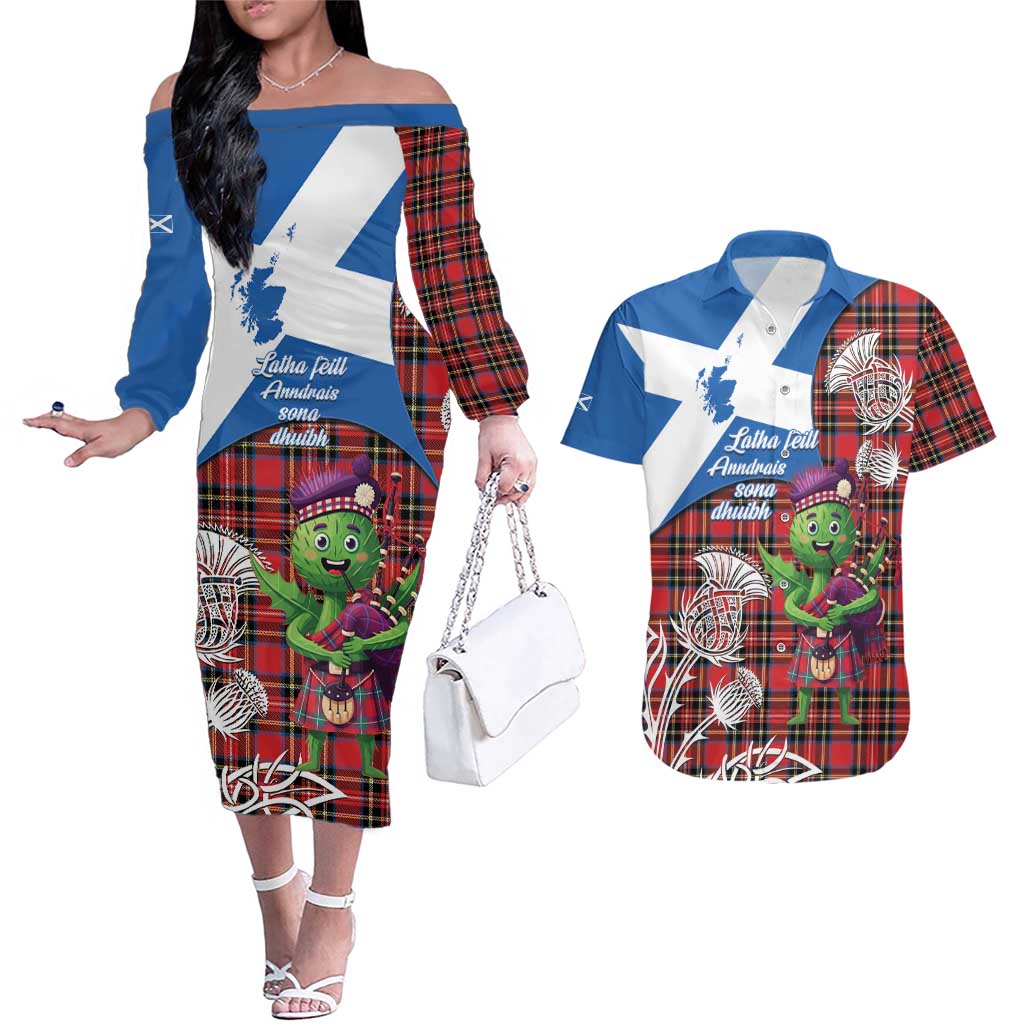 Saint Andrews Day Scotland Couples Matching Off The Shoulder Long Sleeve Dress and Hawaiian Shirt Thistle Traditional Bagpipe Tartan Pattern - Wonder Print Shop
