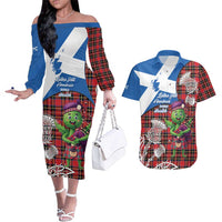 Saint Andrews Day Scotland Couples Matching Off The Shoulder Long Sleeve Dress and Hawaiian Shirt Thistle Traditional Bagpipe Tartan Pattern - Wonder Print Shop