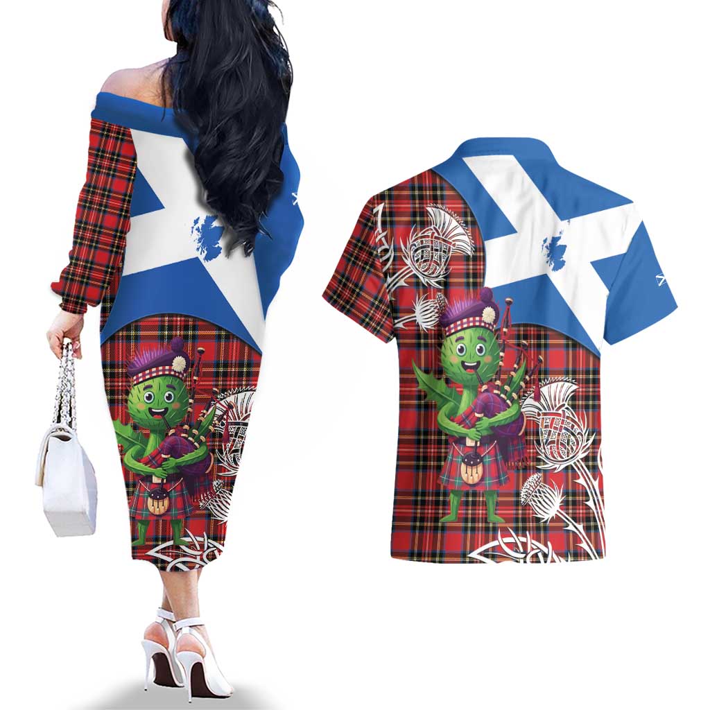 Saint Andrews Day Scotland Couples Matching Off The Shoulder Long Sleeve Dress and Hawaiian Shirt Thistle Traditional Bagpipe Tartan Pattern - Wonder Print Shop