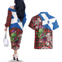 Saint Andrews Day Scotland Couples Matching Off The Shoulder Long Sleeve Dress and Hawaiian Shirt Thistle Traditional Bagpipe Tartan Pattern - Wonder Print Shop