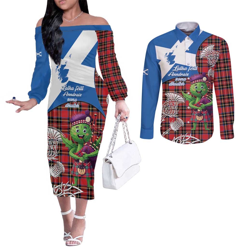 Saint Andrews Day Scotland Couples Matching Off The Shoulder Long Sleeve Dress and Long Sleeve Button Shirt Thistle Traditional Bagpipe Tartan Pattern - Wonder Print Shop