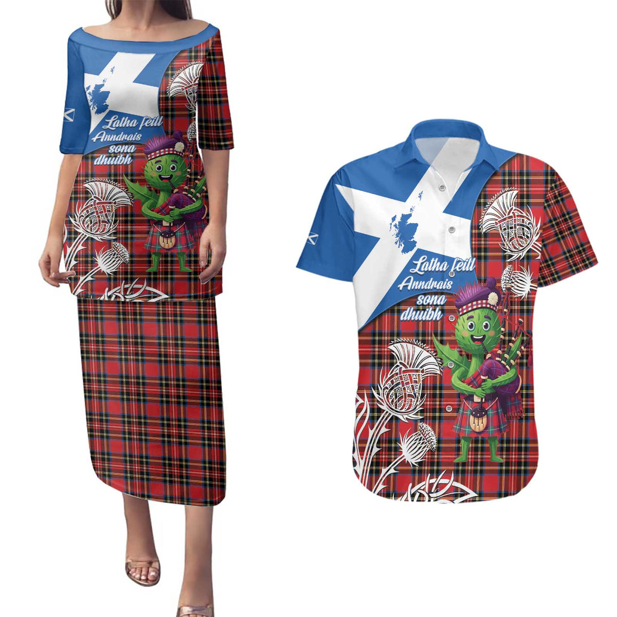 Saint Andrews Day Scotland Couples Matching Puletasi and Hawaiian Shirt Thistle Traditional Bagpipe Tartan Pattern - Wonder Print Shop