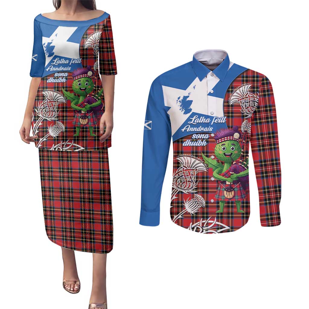 Saint Andrews Day Scotland Couples Matching Puletasi and Long Sleeve Button Shirt Thistle Traditional Bagpipe Tartan Pattern - Wonder Print Shop