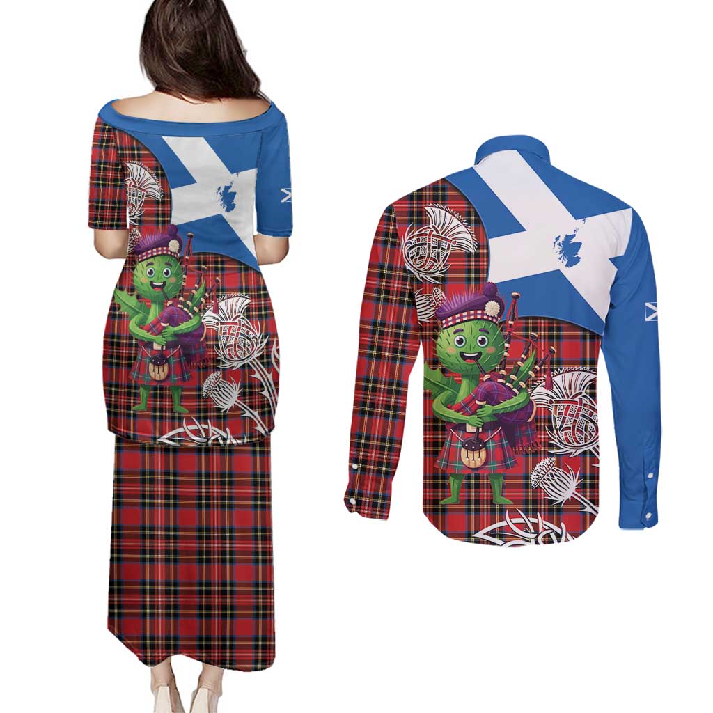 Saint Andrews Day Scotland Couples Matching Puletasi and Long Sleeve Button Shirt Thistle Traditional Bagpipe Tartan Pattern - Wonder Print Shop