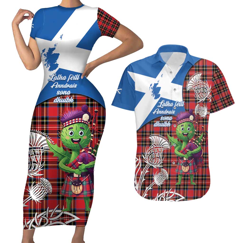 Saint Andrews Day Scotland Couples Matching Short Sleeve Bodycon Dress and Hawaiian Shirt Thistle Traditional Bagpipe Tartan Pattern - Wonder Print Shop