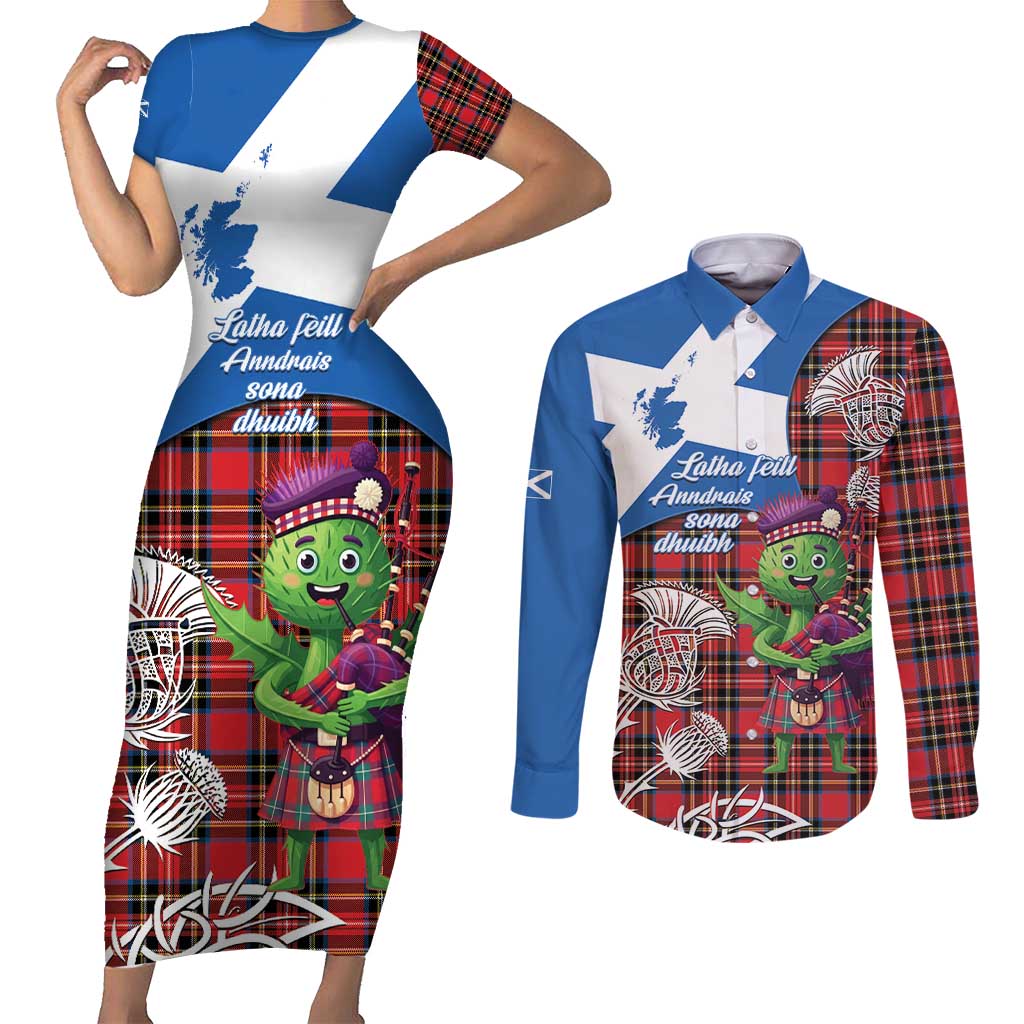 Saint Andrews Day Scotland Couples Matching Short Sleeve Bodycon Dress and Long Sleeve Button Shirt Thistle Traditional Bagpipe Tartan Pattern - Wonder Print Shop