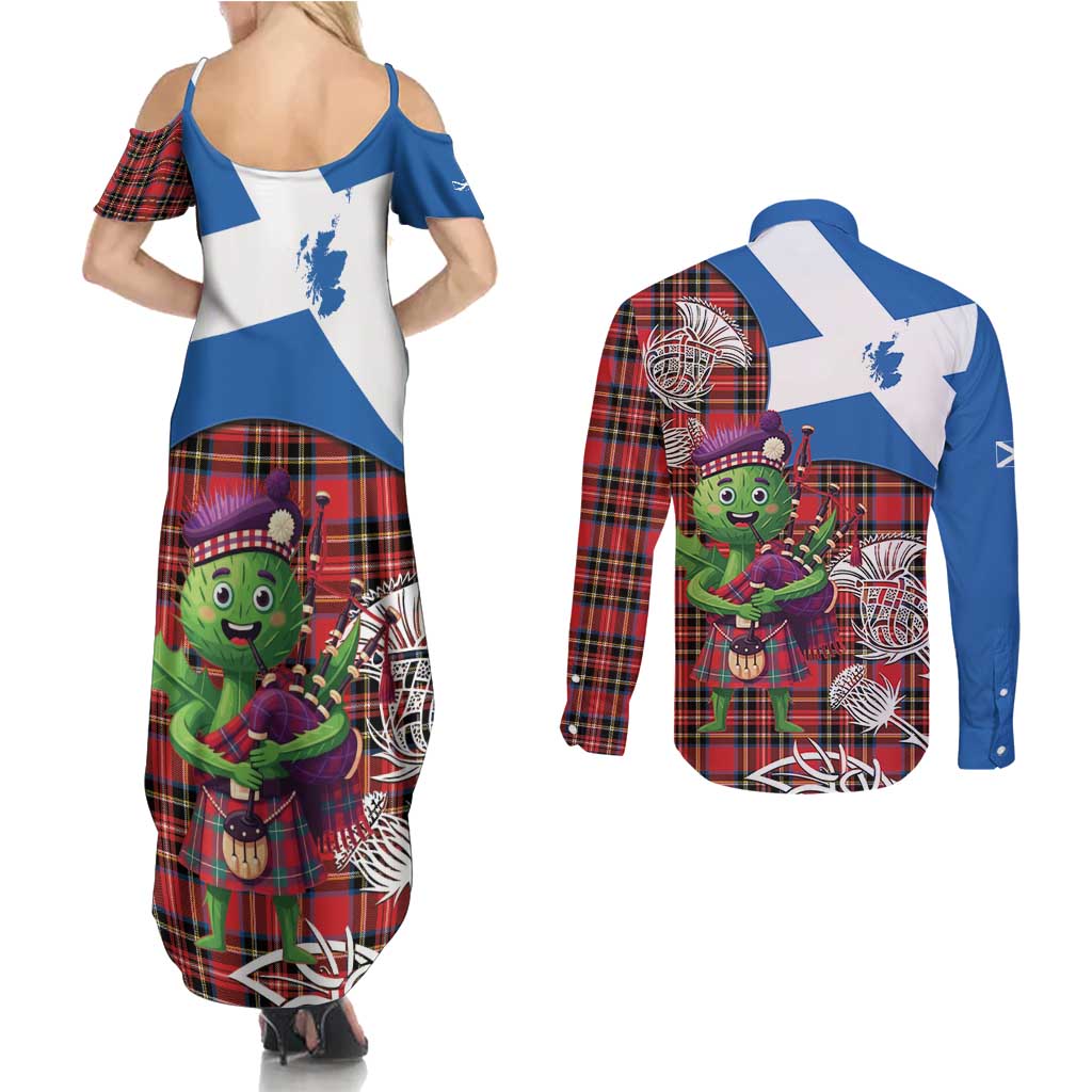 Saint Andrews Day Scotland Couples Matching Summer Maxi Dress and Long Sleeve Button Shirt Thistle Traditional Bagpipe Tartan Pattern - Wonder Print Shop