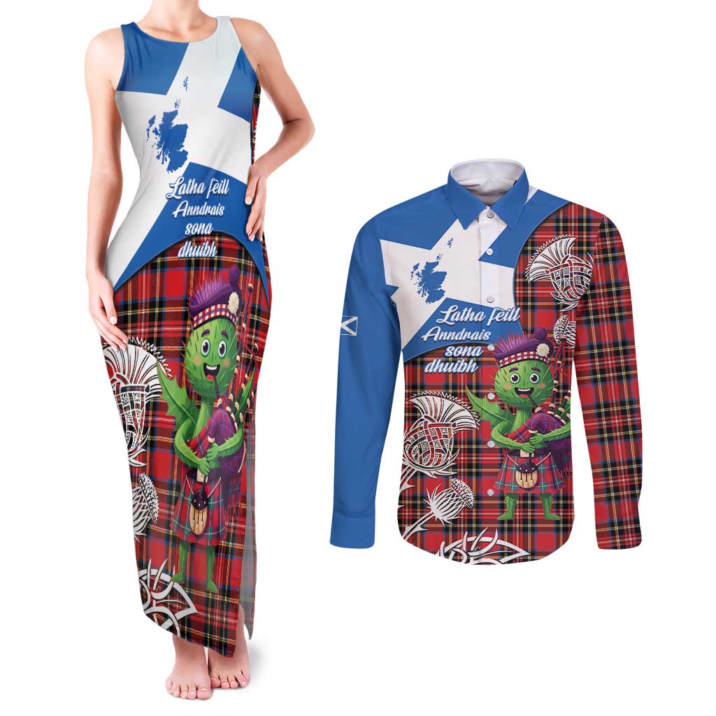 Saint Andrews Day Scotland Couples Matching Tank Maxi Dress and Long Sleeve Button Shirt Thistle Traditional Bagpipe Tartan Pattern - Wonder Print Shop