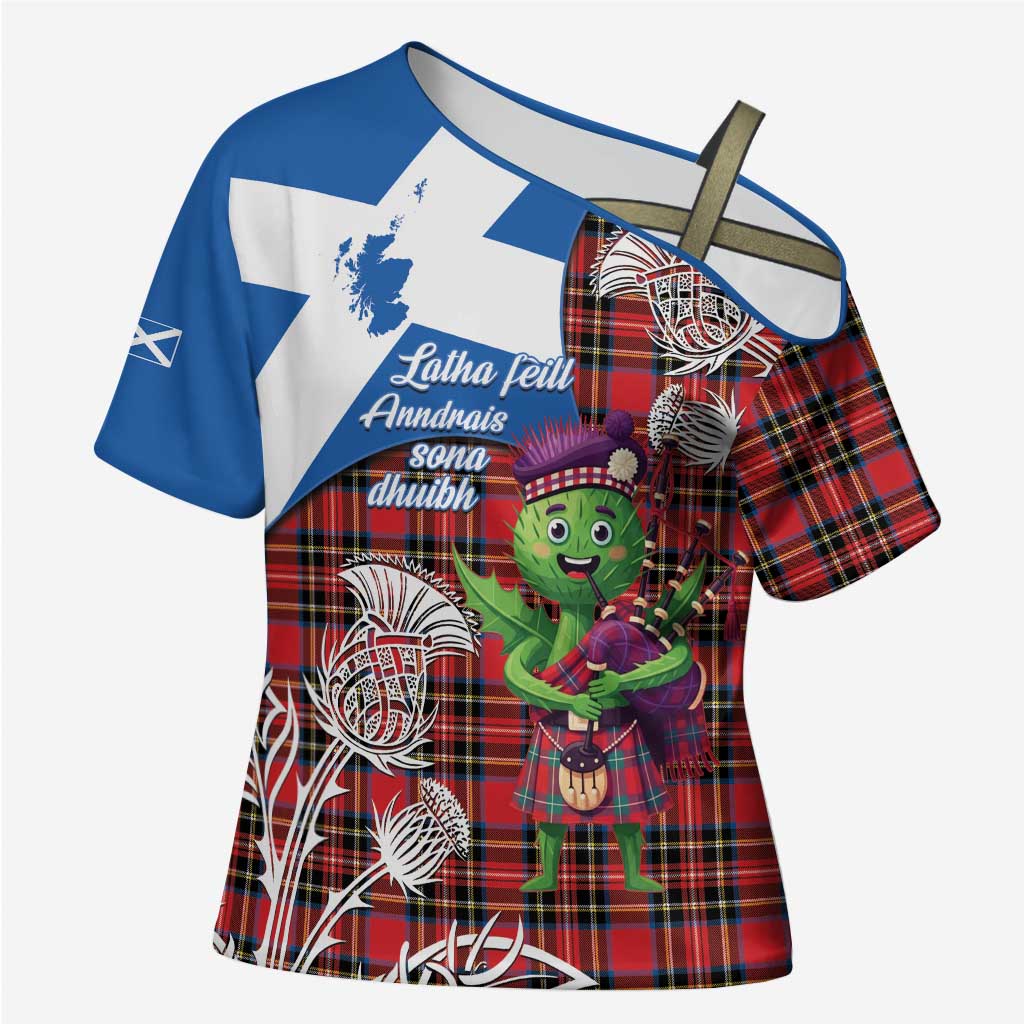 Saint Andrews Day Scotland Cross Shoulder Shirt Thistle Traditional Bagpipe Tartan Pattern - Wonder Print Shop