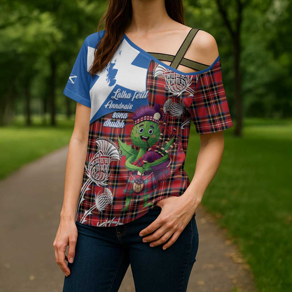 Saint Andrews Day Scotland Cross Shoulder Shirt Thistle Traditional Bagpipe Tartan Pattern - Wonder Print Shop