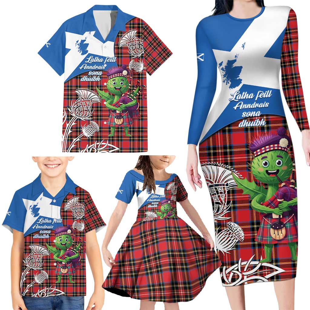 Saint Andrews Day Scotland Family Matching Long Sleeve Bodycon Dress and Hawaiian Shirt Thistle Traditional Bagpipe Tartan Pattern - Wonder Print Shop