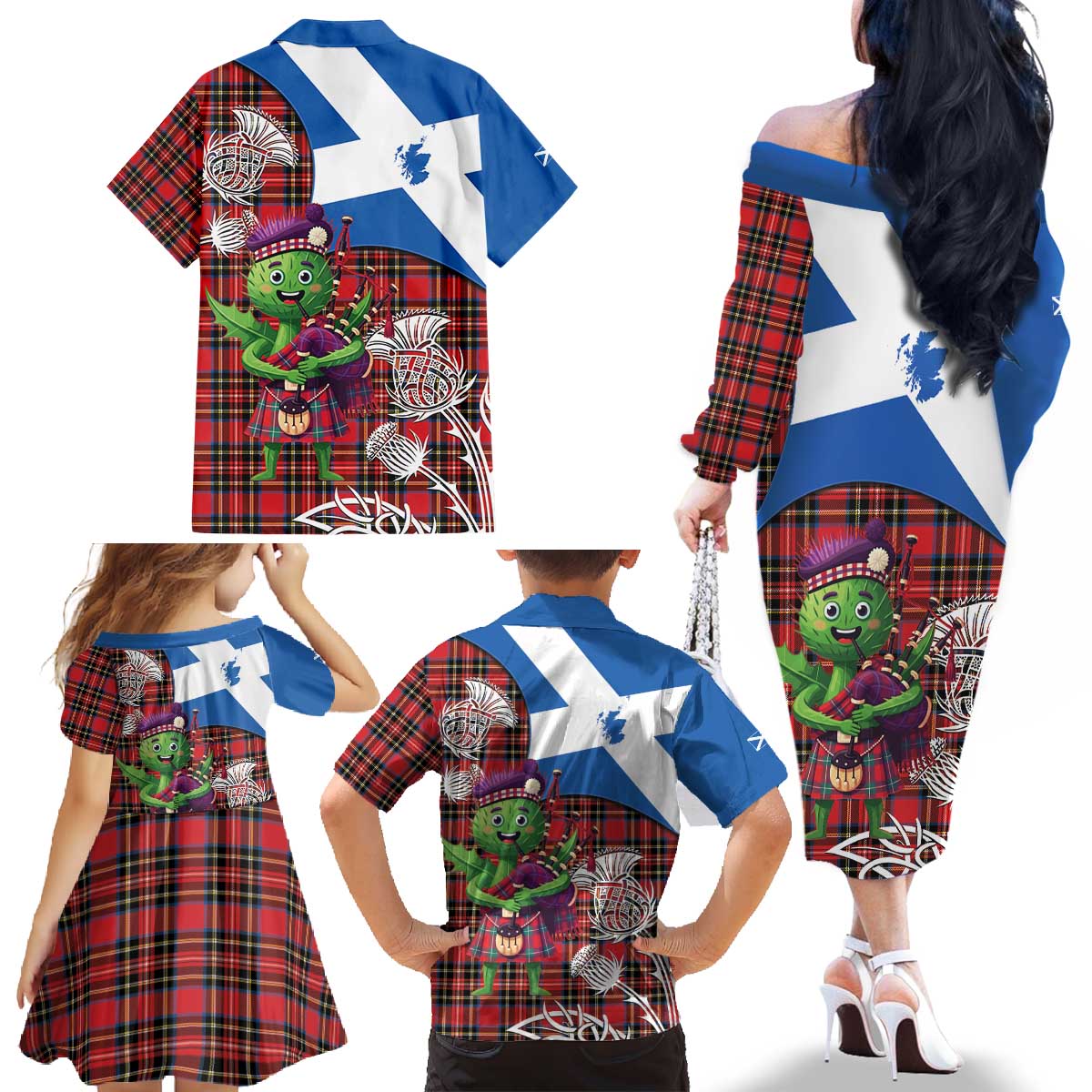 Saint Andrews Day Scotland Family Matching Off The Shoulder Long Sleeve Dress and Hawaiian Shirt Thistle Traditional Bagpipe Tartan Pattern - Wonder Print Shop