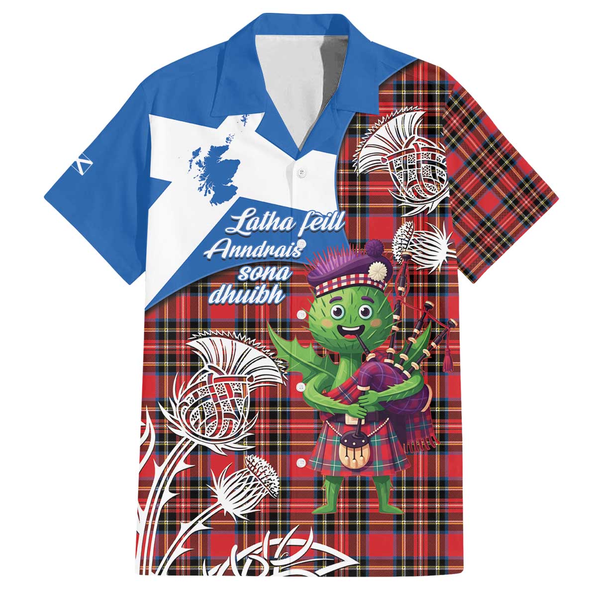 Saint Andrews Day Scotland Family Matching Off The Shoulder Long Sleeve Dress and Hawaiian Shirt Thistle Traditional Bagpipe Tartan Pattern - Wonder Print Shop