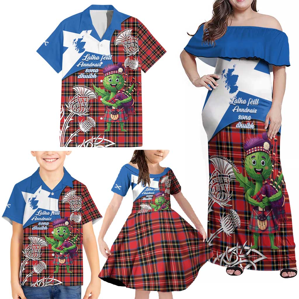 Saint Andrews Day Scotland Family Matching Off Shoulder Maxi Dress and Hawaiian Shirt Thistle Traditional Bagpipe Tartan Pattern - Wonder Print Shop