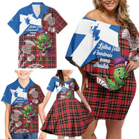 Saint Andrews Day Scotland Family Matching Off Shoulder Short Dress and Hawaiian Shirt Thistle Traditional Bagpipe Tartan Pattern - Wonder Print Shop