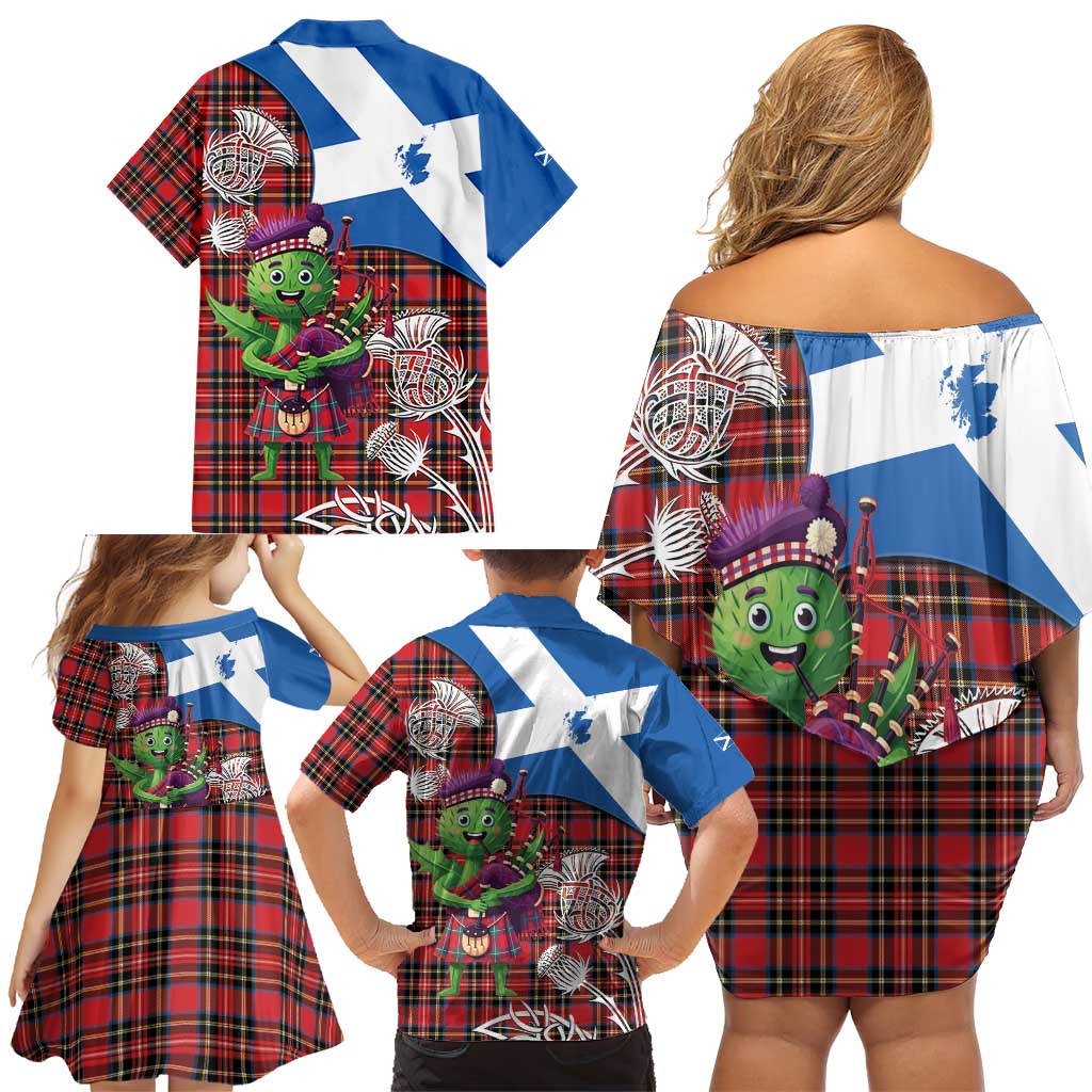 Saint Andrews Day Scotland Family Matching Off Shoulder Short Dress and Hawaiian Shirt Thistle Traditional Bagpipe Tartan Pattern - Wonder Print Shop