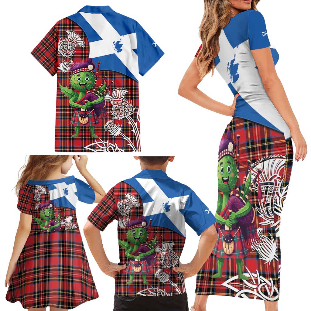 Saint Andrews Day Scotland Family Matching Short Sleeve Bodycon Dress and Hawaiian Shirt Thistle Traditional Bagpipe Tartan Pattern - Wonder Print Shop