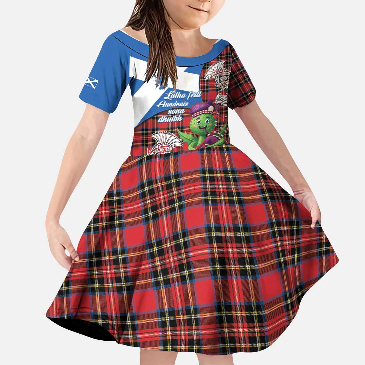 Saint Andrews Day Scotland Kid Short Sleeve Dress Thistle Traditional Bagpipe Tartan Pattern - Wonder Print Shop