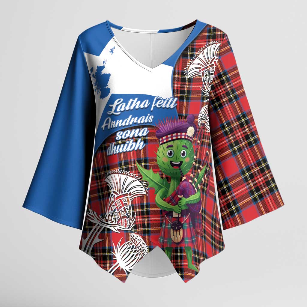 Saint Andrews Day Scotland Kimono Sleeve Blouse Thistle Traditional Bagpipe Tartan Pattern - Wonder Print Shop