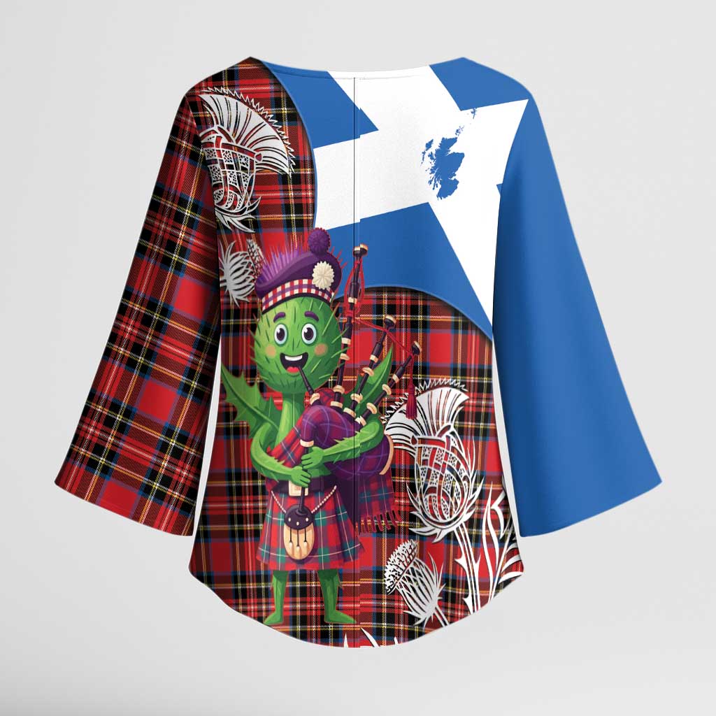 Saint Andrews Day Scotland Kimono Sleeve Blouse Thistle Traditional Bagpipe Tartan Pattern - Wonder Print Shop