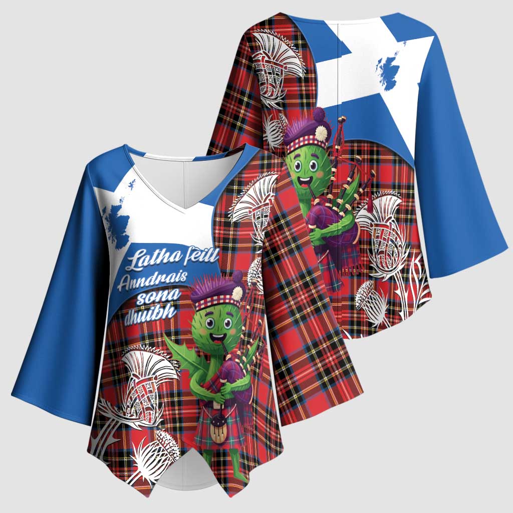 Saint Andrews Day Scotland Kimono Sleeve Blouse Thistle Traditional Bagpipe Tartan Pattern - Wonder Print Shop