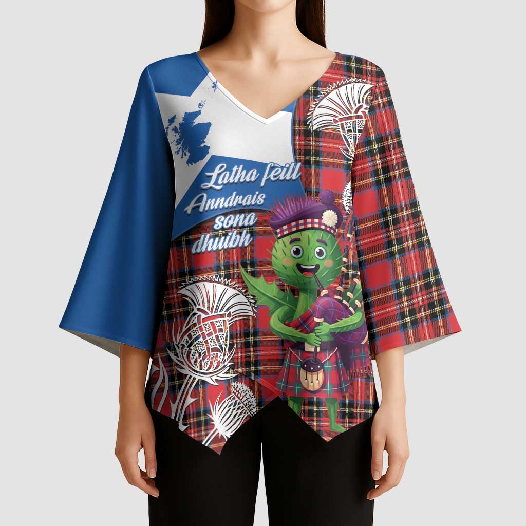 Saint Andrews Day Scotland Kimono Sleeve Blouse Thistle Traditional Bagpipe Tartan Pattern - Wonder Print Shop