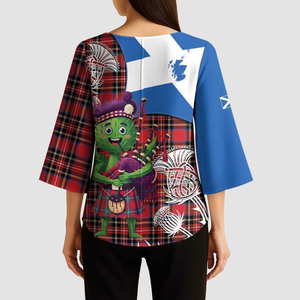 Saint Andrews Day Scotland Kimono Sleeve Blouse Thistle Traditional Bagpipe Tartan Pattern - Wonder Print Shop