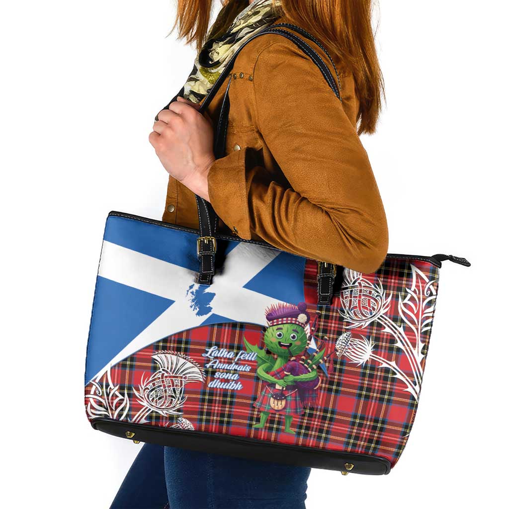 Saint Andrews Day Scotland Leather Tote Bag Thistle Traditional Bagpipe Tartan Pattern - Wonder Print Shop