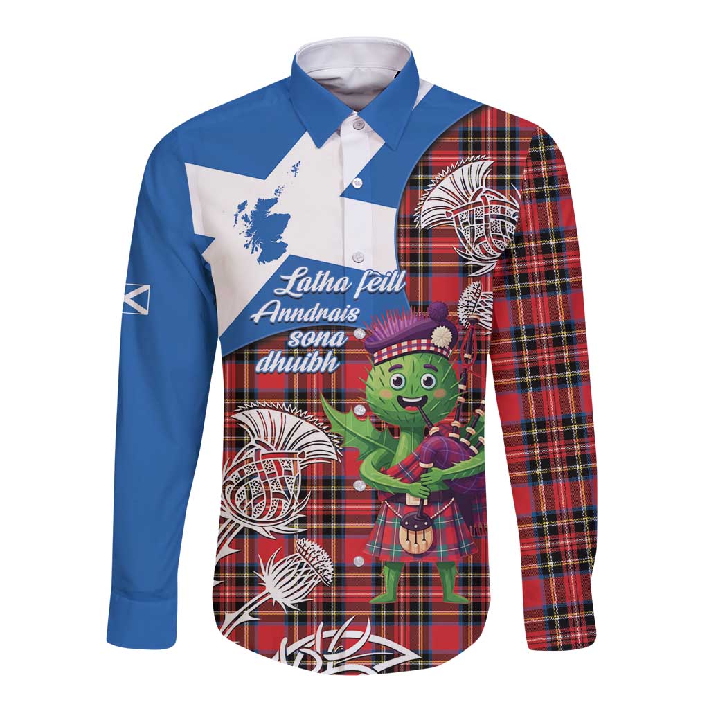 Saint Andrews Day Scotland Long Sleeve Button Shirt Thistle Traditional Bagpipe Tartan Pattern - Wonder Print Shop