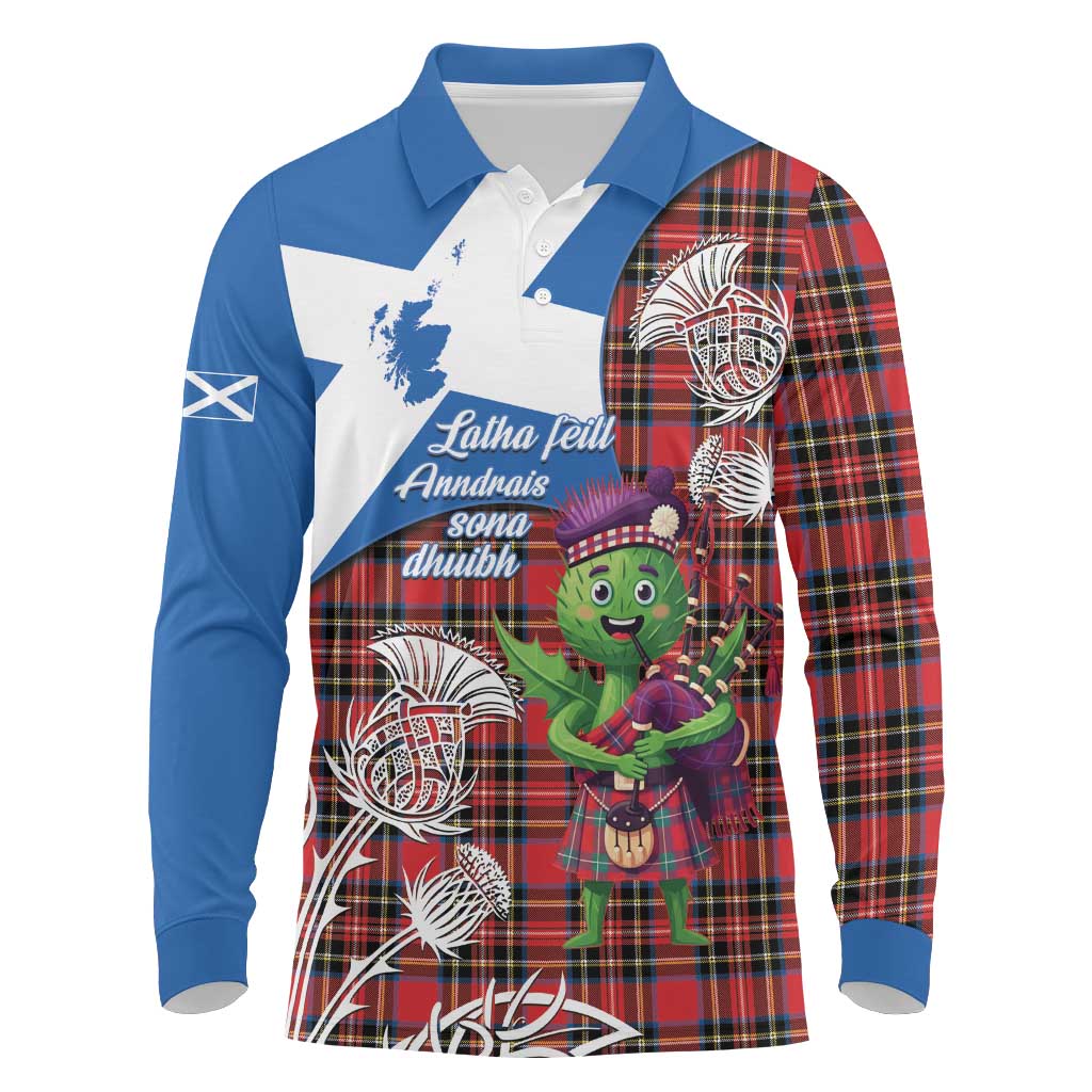 Saint Andrews Day Scotland Long Sleeve Polo Shirt Thistle Traditional Bagpipe Tartan Pattern - Wonder Print Shop