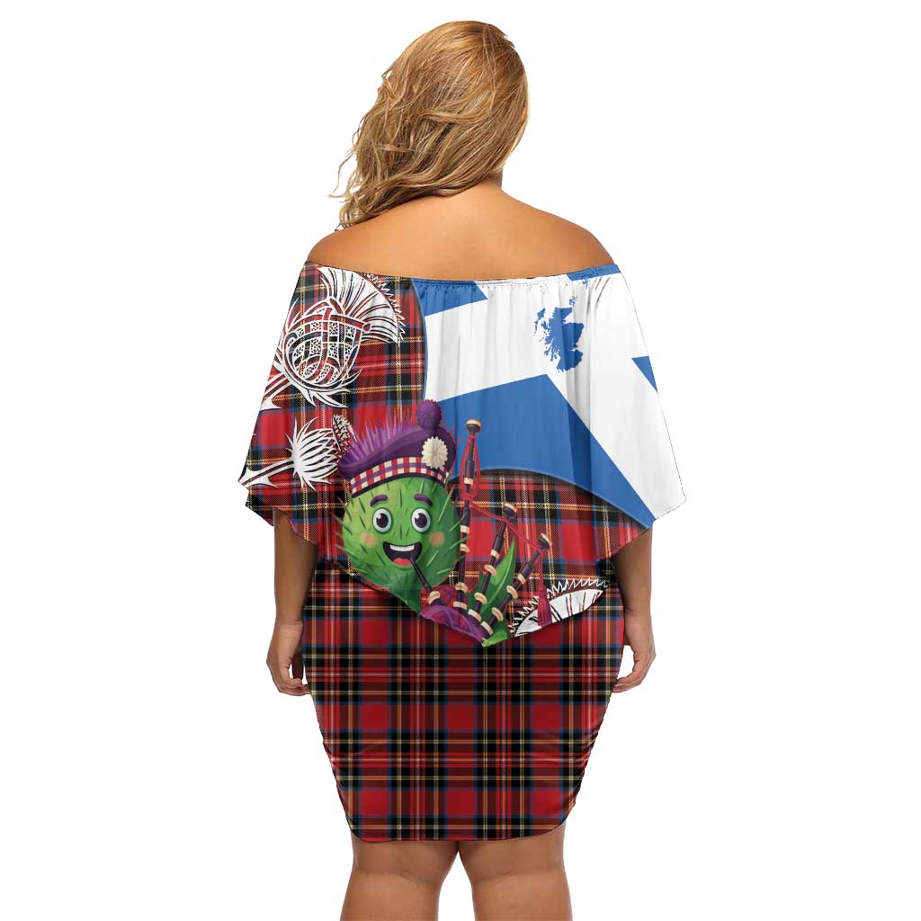 Saint Andrews Day Scotland Off Shoulder Short Dress Thistle Traditional Bagpipe Tartan Pattern - Wonder Print Shop