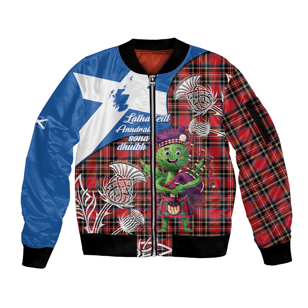 Saint Andrews Day Scotland Sleeve Zip Bomber Jacket Thistle Traditional Bagpipe Tartan Pattern - Wonder Print Shop