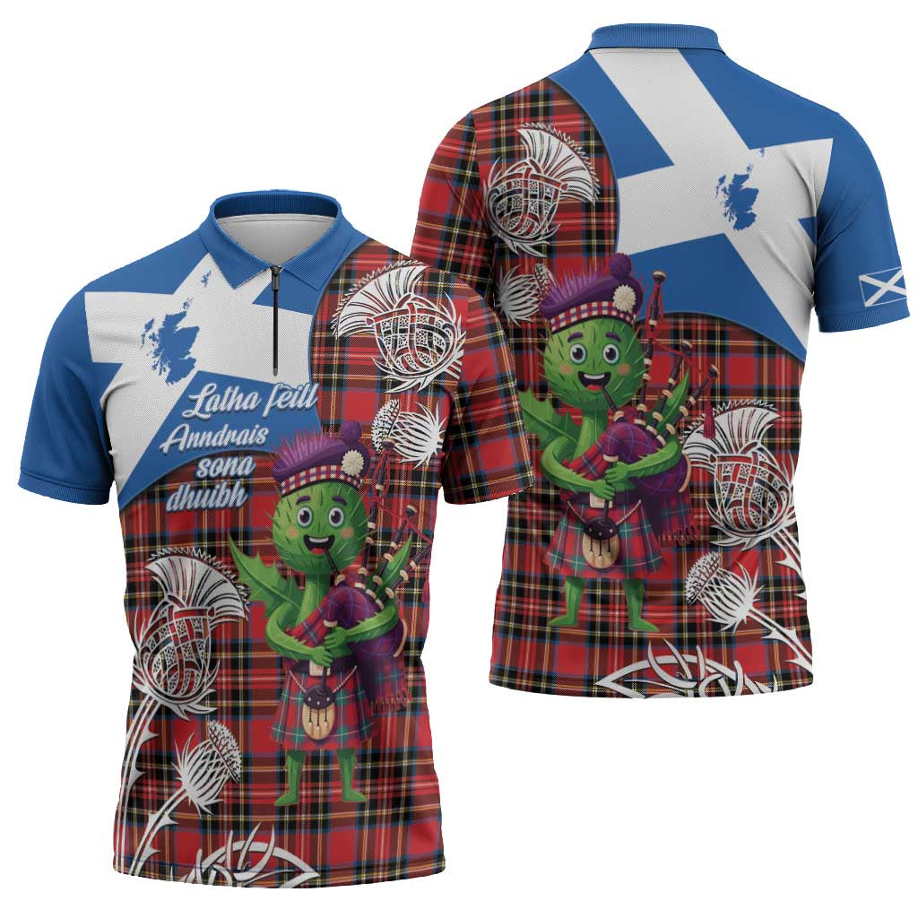 Saint Andrews Day Scotland Zipper Polo Shirt Thistle Traditional Bagpipe Tartan Pattern - Wonder Print Shop