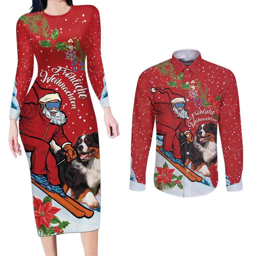 Switzerland Christmas Couples Matching Long Sleeve Bodycon Dress and Long Sleeve Button Shirt Greater Swiss Mountain Dog Santa - Merry Xmas - Wonder Print Shop